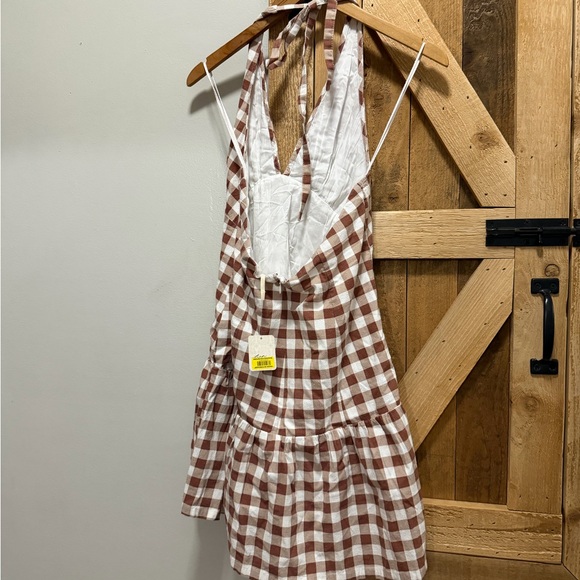 Free People Cecil Checker Print Halter Neck Drop Waist Mini Dress - Picture 5 of 6
